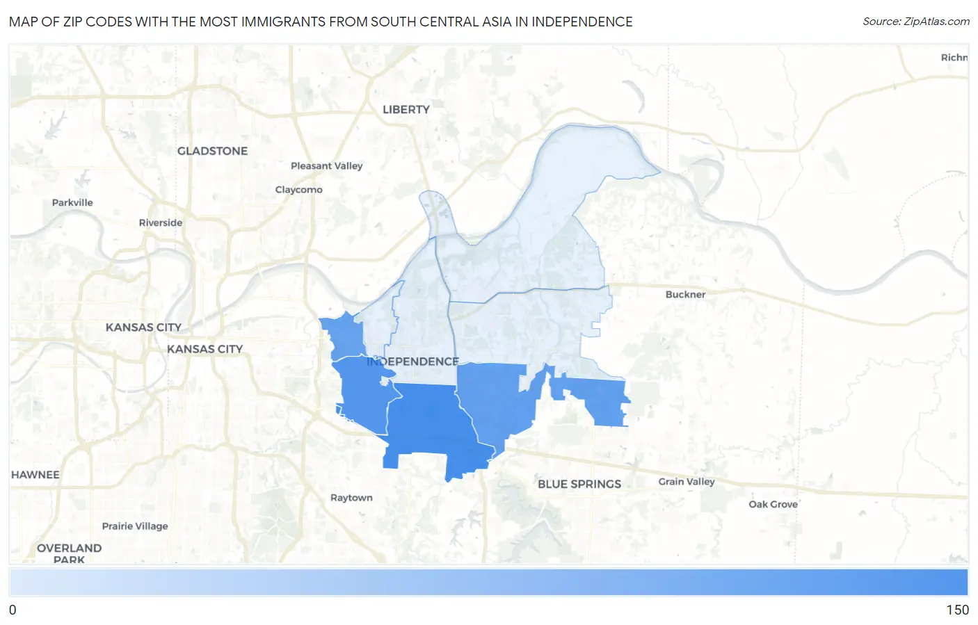 Zip Codes with the Most Immigrants from South Central Asia in Independence Map