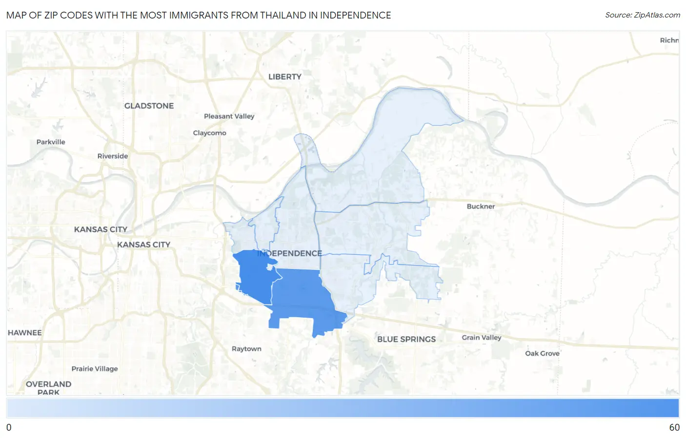Zip Codes with the Most Immigrants from Thailand in Independence Map