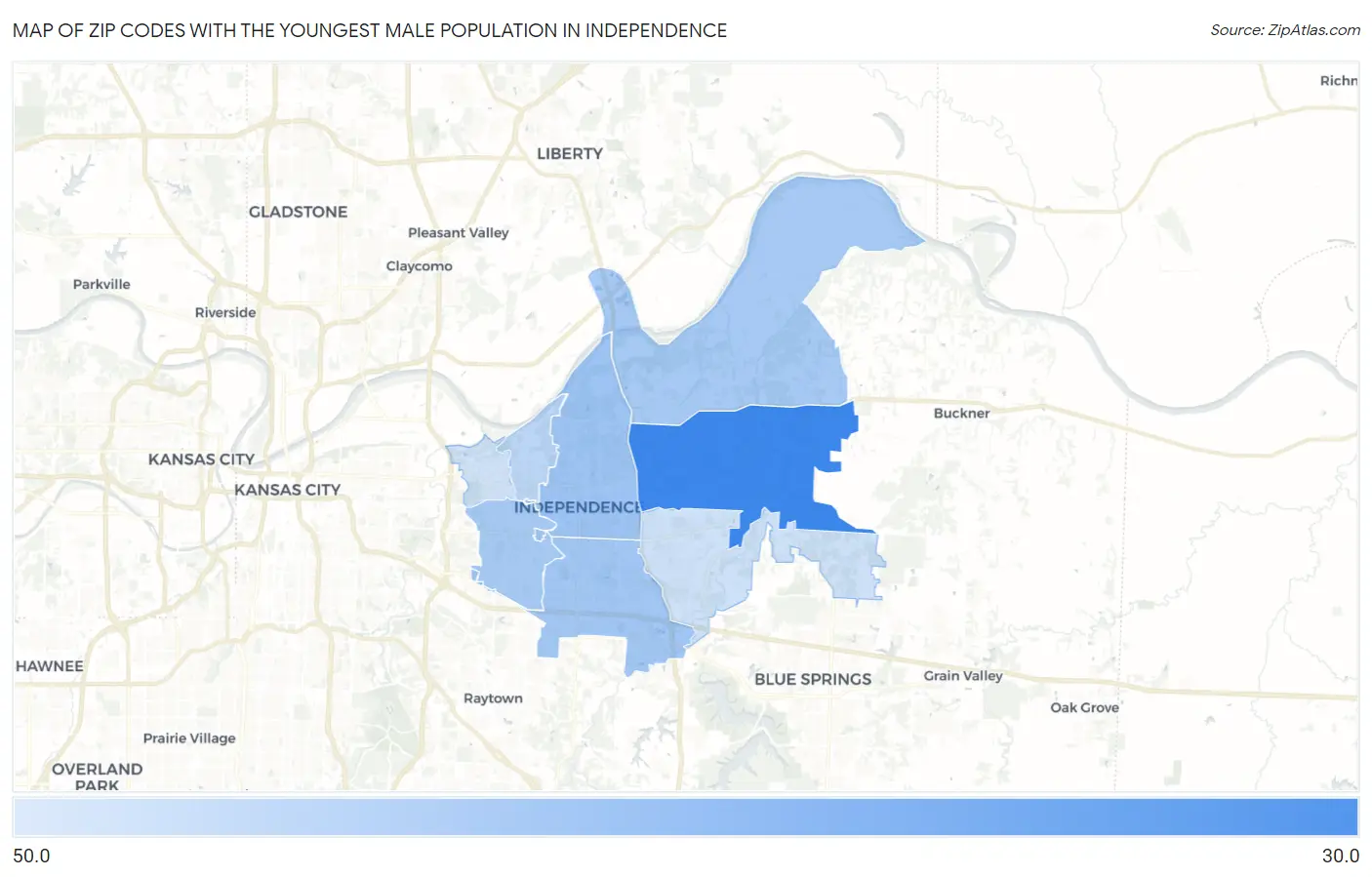 Zip Codes with the Youngest Male Population in Independence Map
