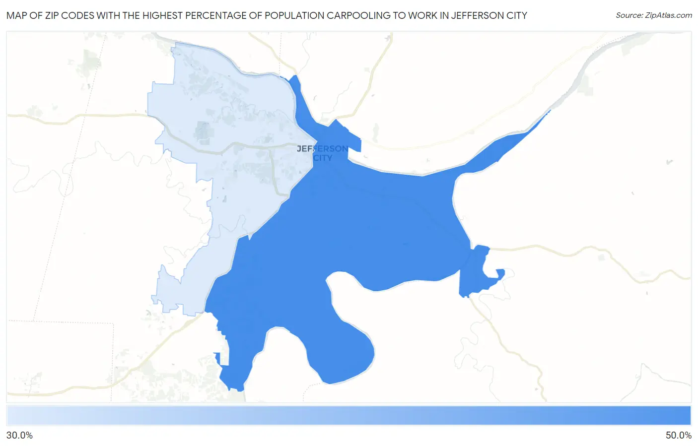 Zip Codes with the Highest Percentage of Population Carpooling to Work in Jefferson City Map