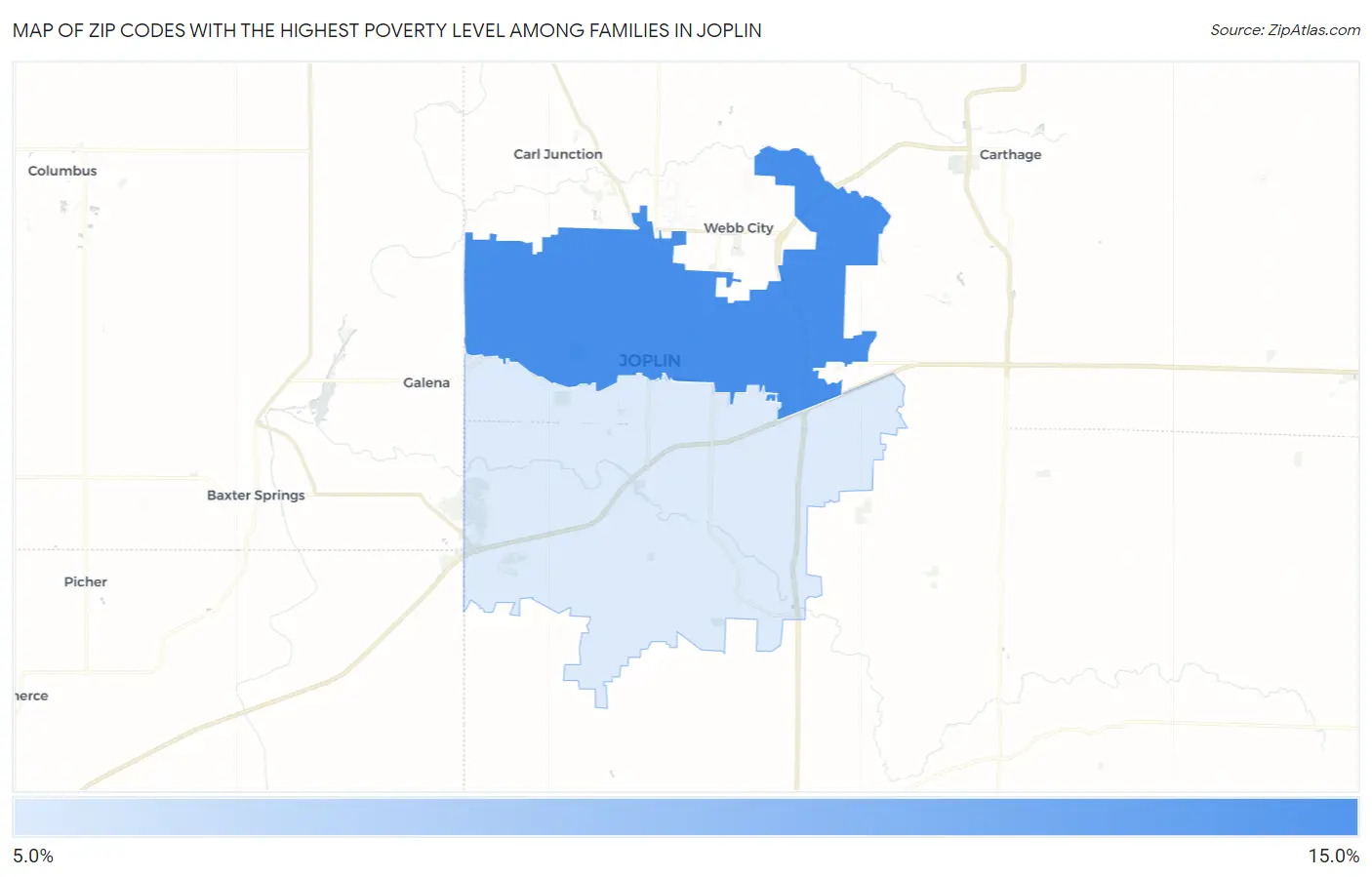 Zip Codes with the Highest Poverty Level Among Families in Joplin Map