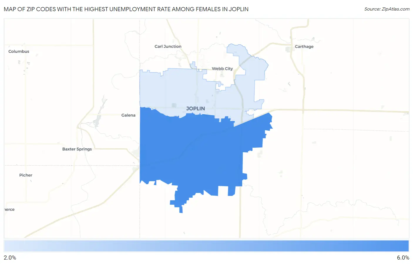 Zip Codes with the Highest Unemployment Rate Among Females in Joplin Map