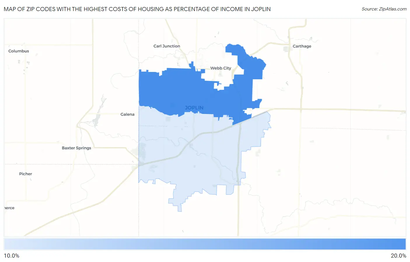 Zip Codes with the Highest Costs of Housing as Percentage of Income in Joplin Map