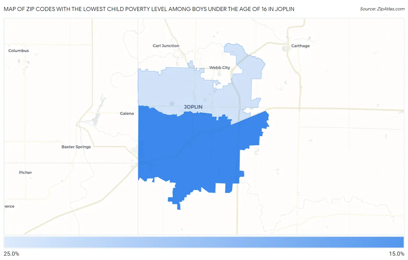 Zip Codes with the Lowest Child Poverty Level Among Boys Under the Age of 16 in Joplin Map