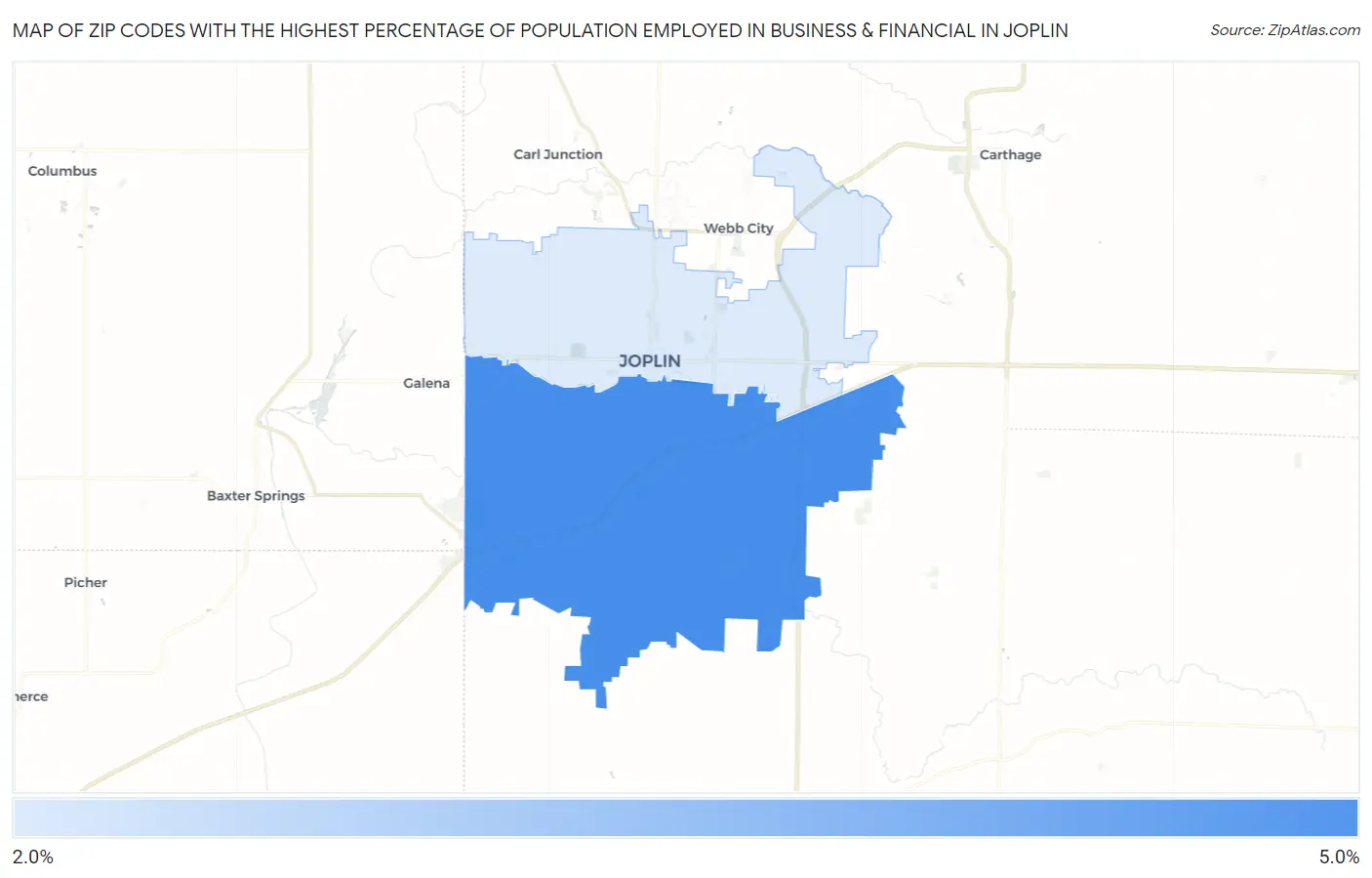 Zip Codes with the Highest Percentage of Population Employed in Business & Financial in Joplin Map