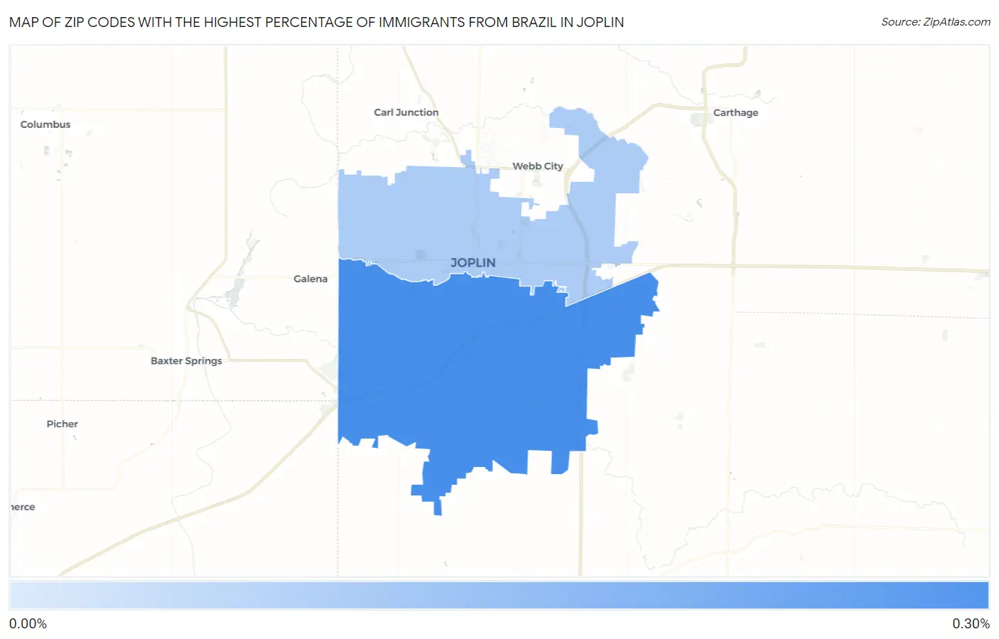 Zip Codes with the Highest Percentage of Immigrants from Brazil in Joplin Map