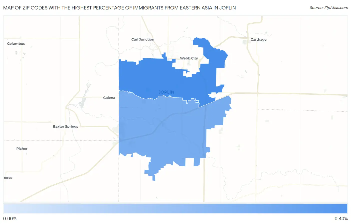 Zip Codes with the Highest Percentage of Immigrants from Eastern Asia in Joplin Map