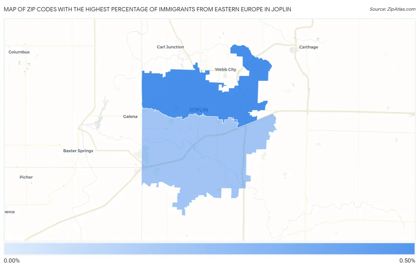 Zip Codes with the Highest Percentage of Immigrants from Eastern Europe in Joplin Map