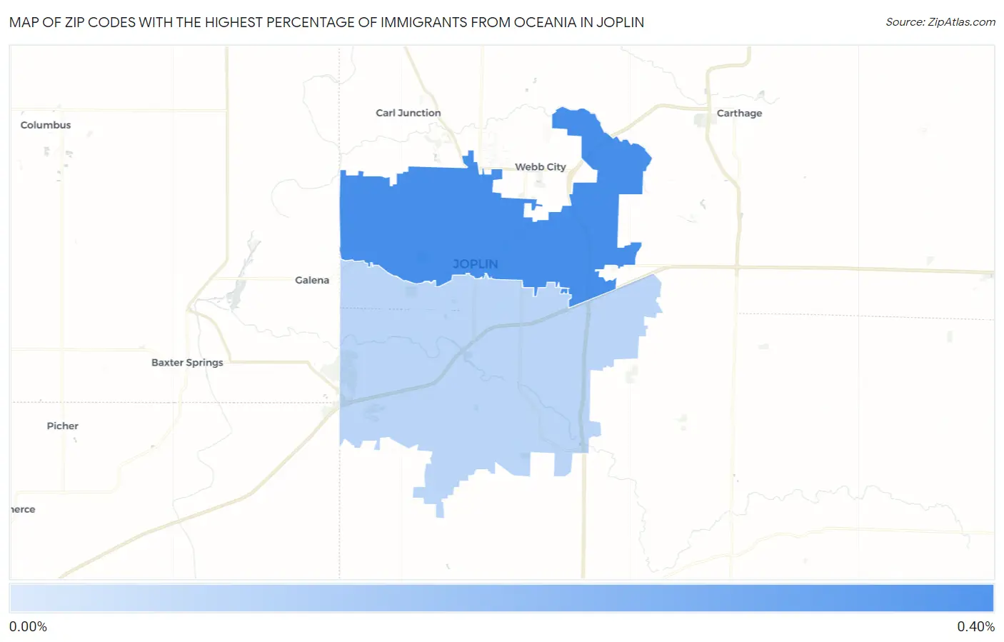 Zip Codes with the Highest Percentage of Immigrants from Oceania in Joplin Map