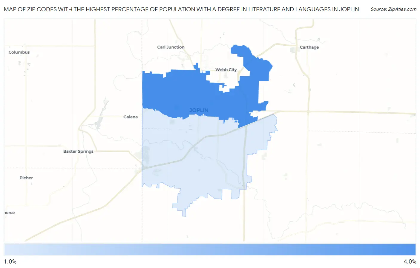 Zip Codes with the Highest Percentage of Population with a Degree in Literature and Languages in Joplin Map