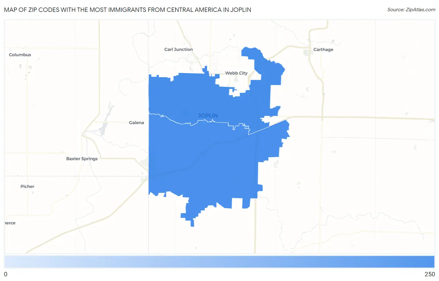 Zip Codes with the Most Immigrants from Central America in Joplin Map