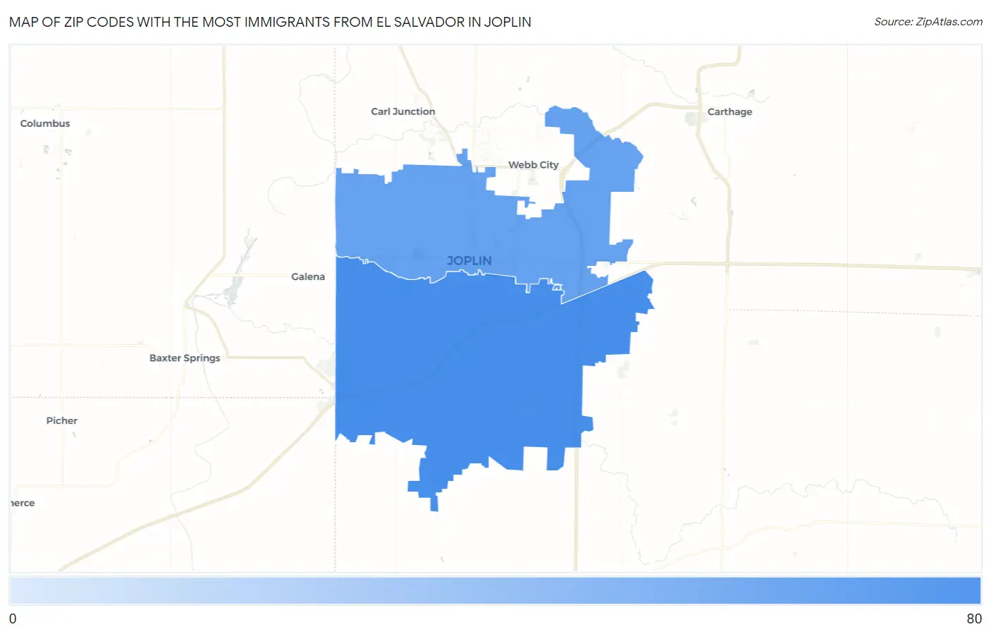 Zip Codes with the Most Immigrants from El Salvador in Joplin Map