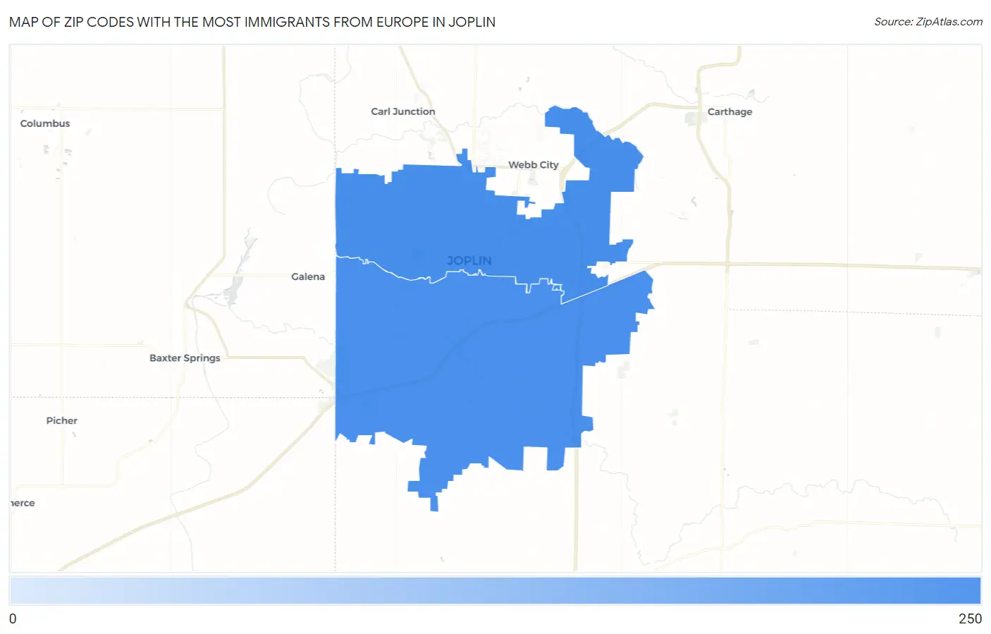 Zip Codes with the Most Immigrants from Europe in Joplin Map