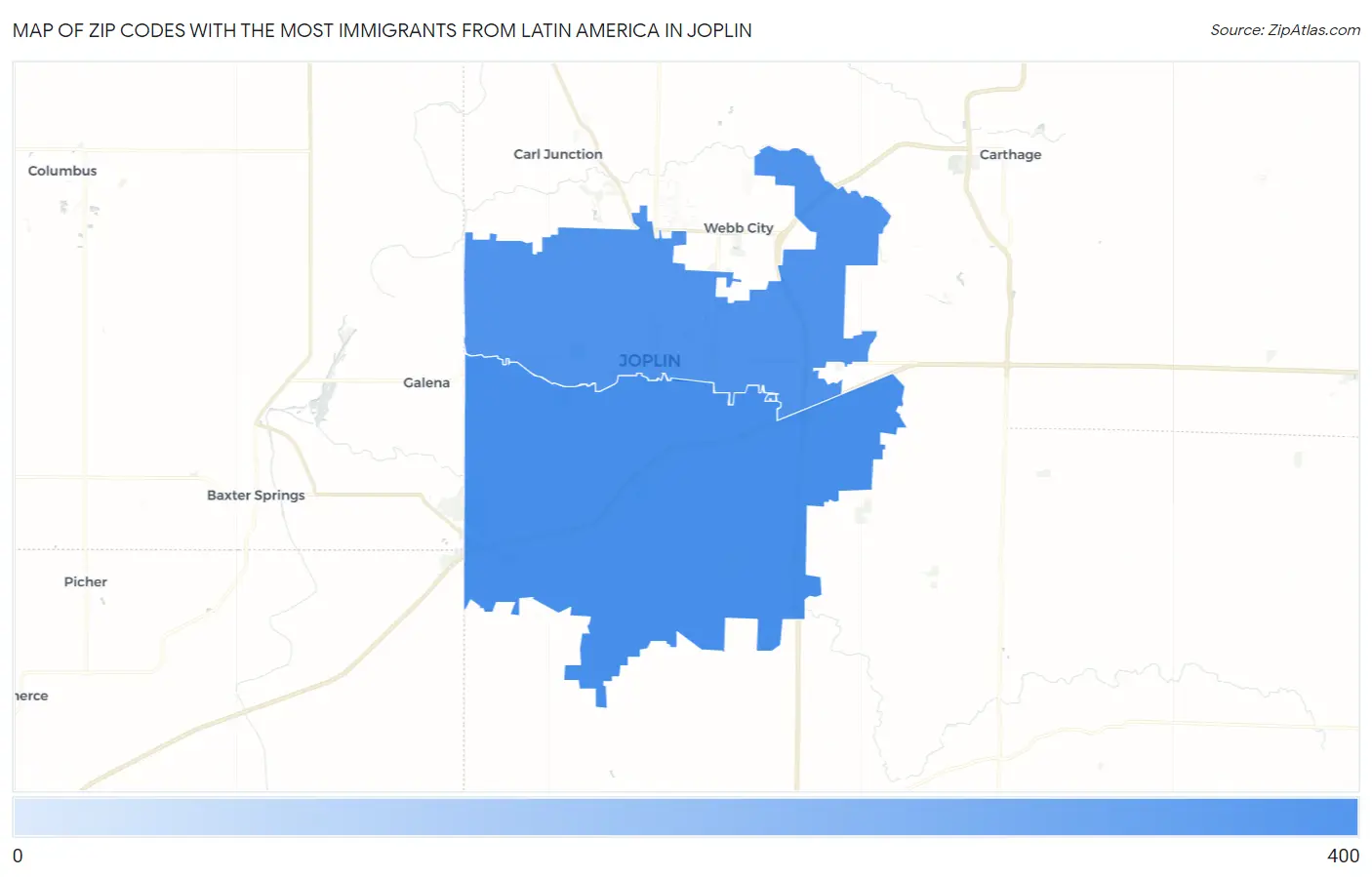 Zip Codes with the Most Immigrants from Latin America in Joplin Map
