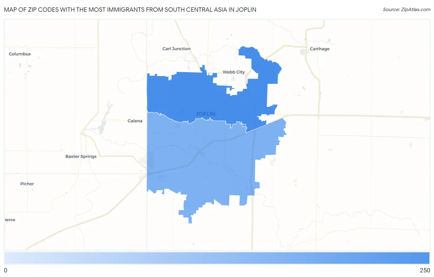 Zip Codes with the Most Immigrants from South Central Asia in Joplin Map