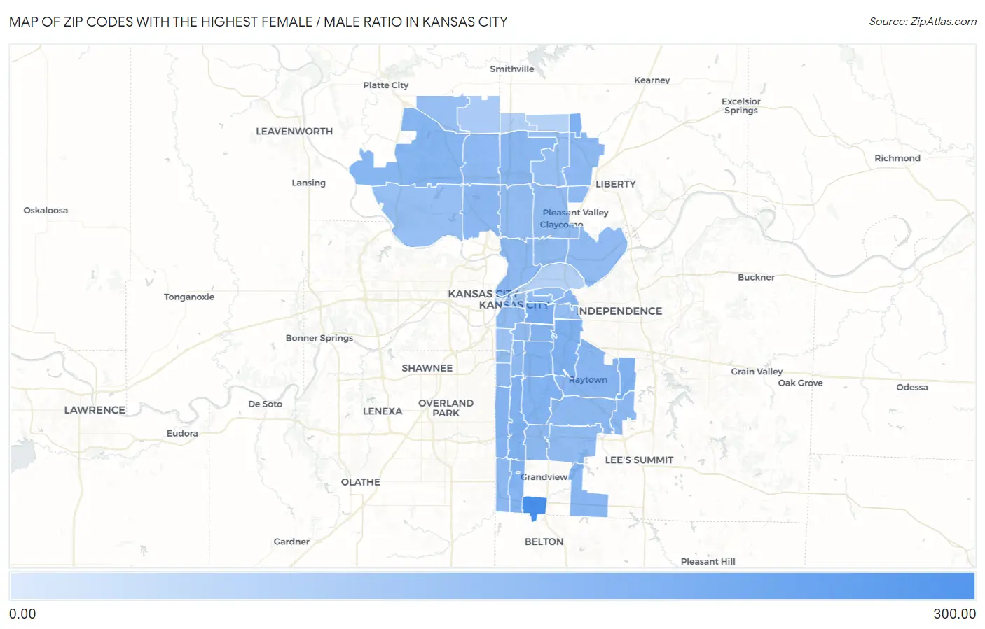 Zip Codes with the Highest Female / Male Ratio in Kansas City Map