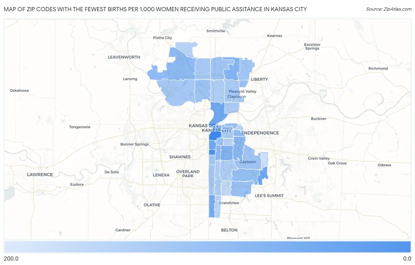 Zip Codes with the Fewest Births per 1,000 Women Receiving Public Assitance in Kansas City Map