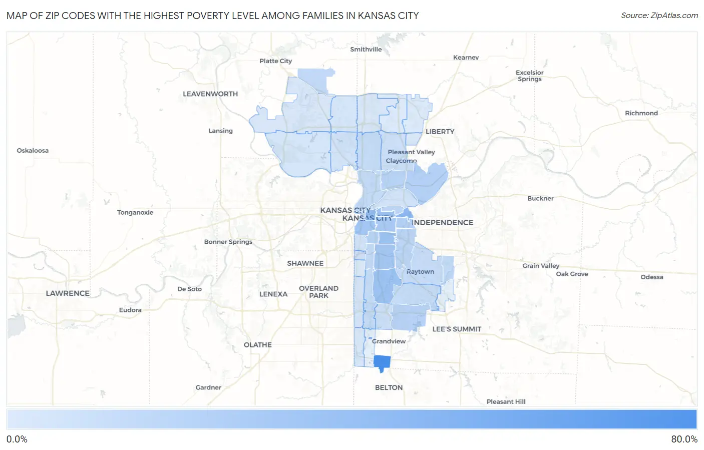 Zip Codes with the Highest Poverty Level Among Families in Kansas City Map
