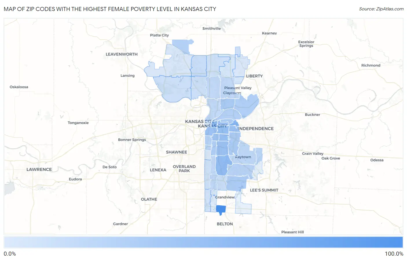 Zip Codes with the Highest Female Poverty Level in Kansas City Map