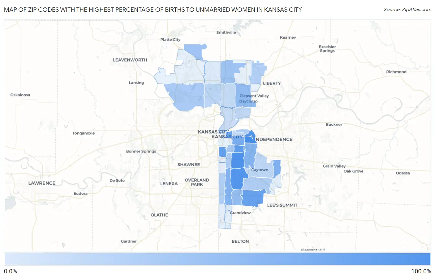 Zip Codes with the Highest Percentage of Births to Unmarried Women in Kansas City Map