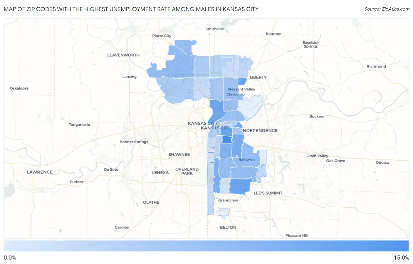 Zip Codes with the Highest Unemployment Rate Among Males in Kansas City Map