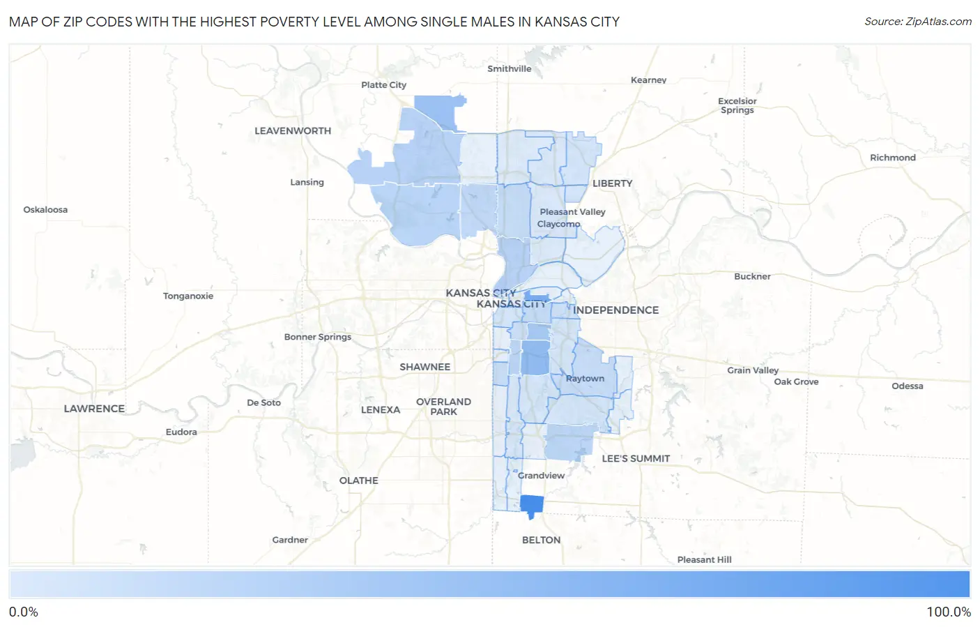 Zip Codes with the Highest Poverty Level Among Single Males in Kansas City Map