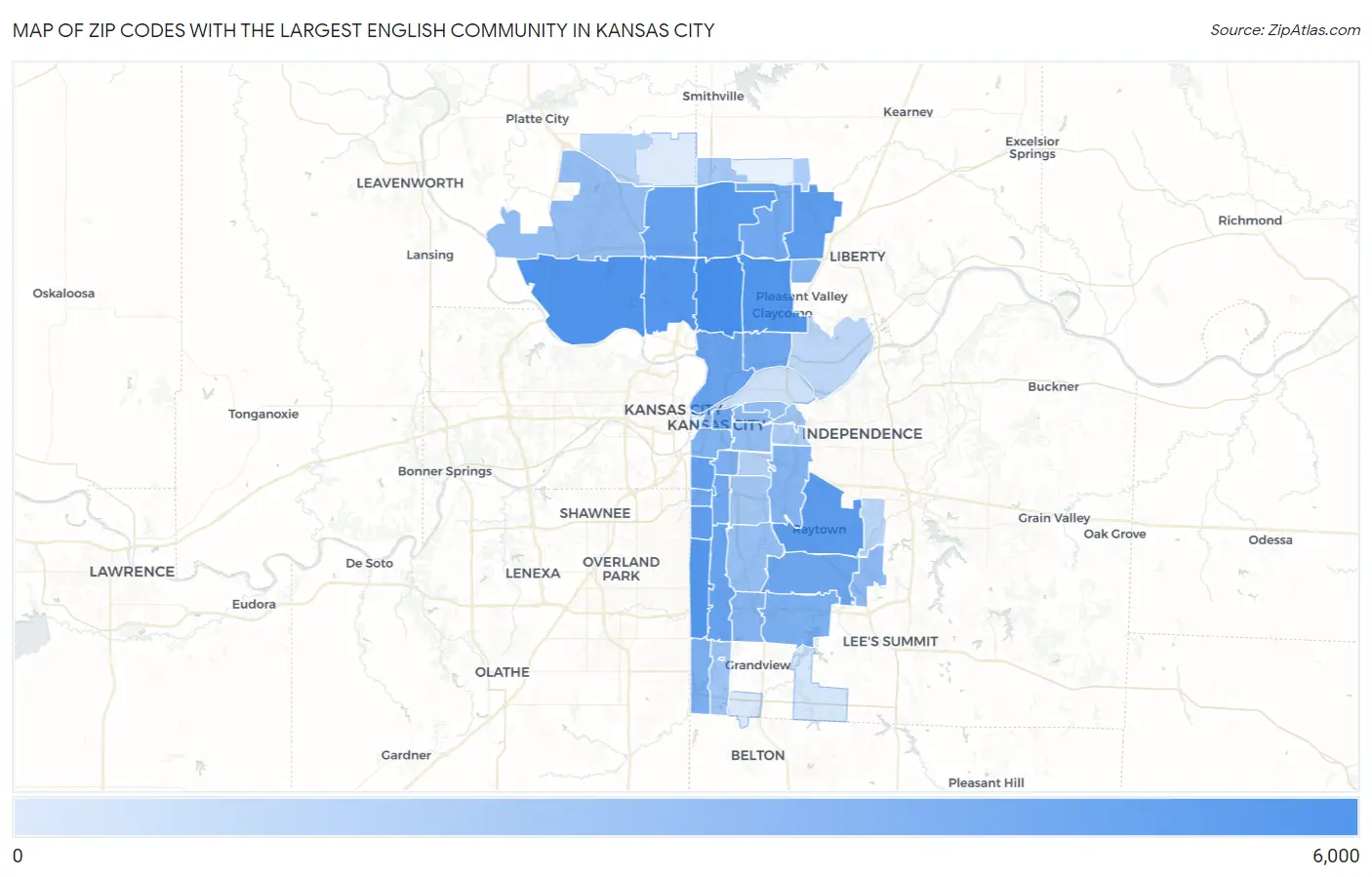 Zip Codes with the Largest English Community in Kansas City Map