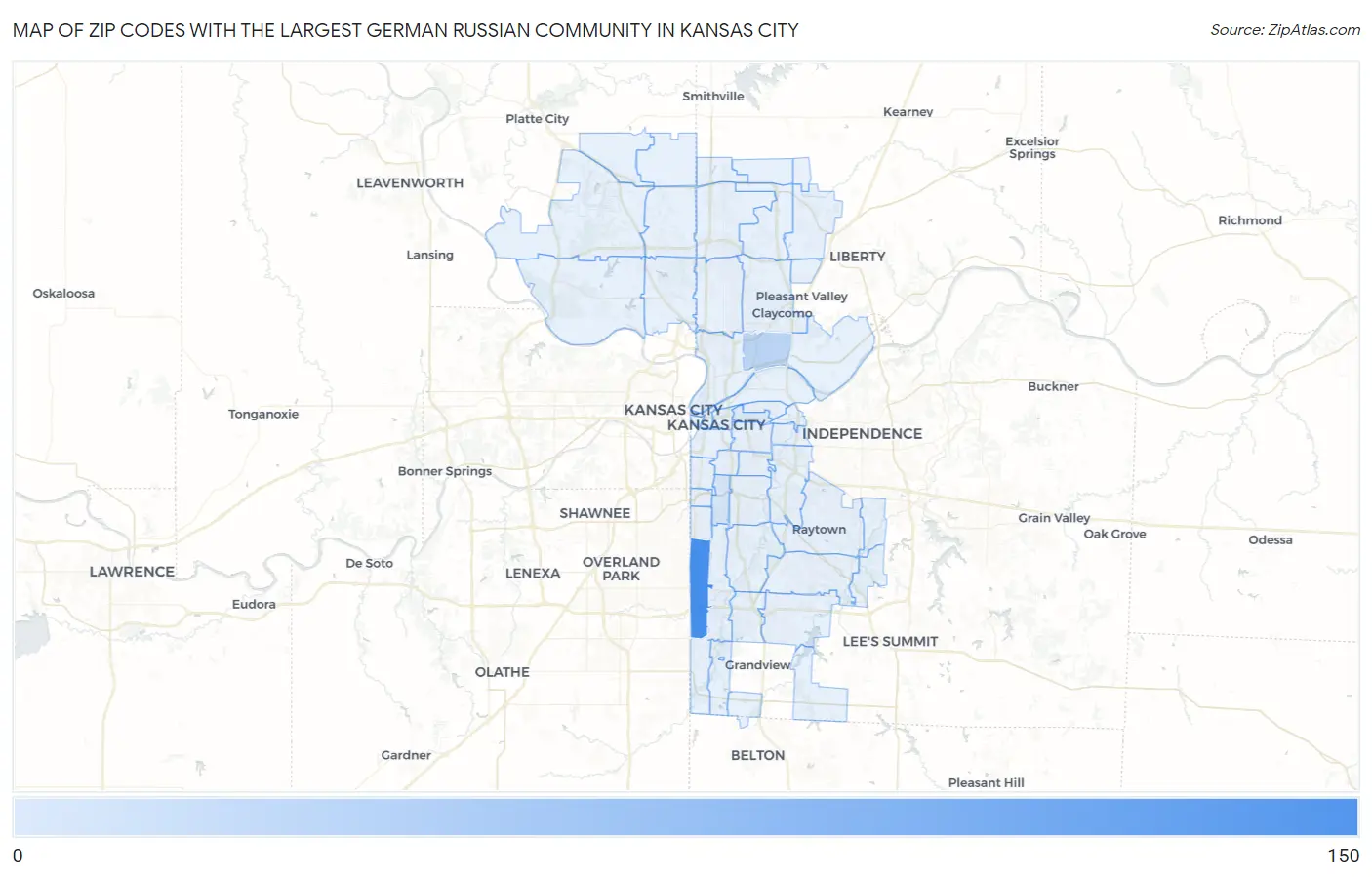 Zip Codes with the Largest German Russian Community in Kansas City Map