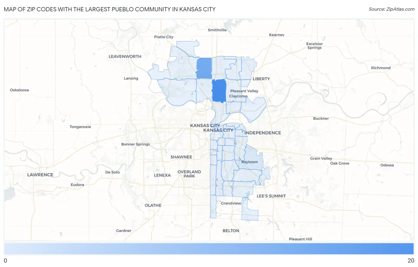 Zip Codes with the Largest Pueblo Community in Kansas City Map