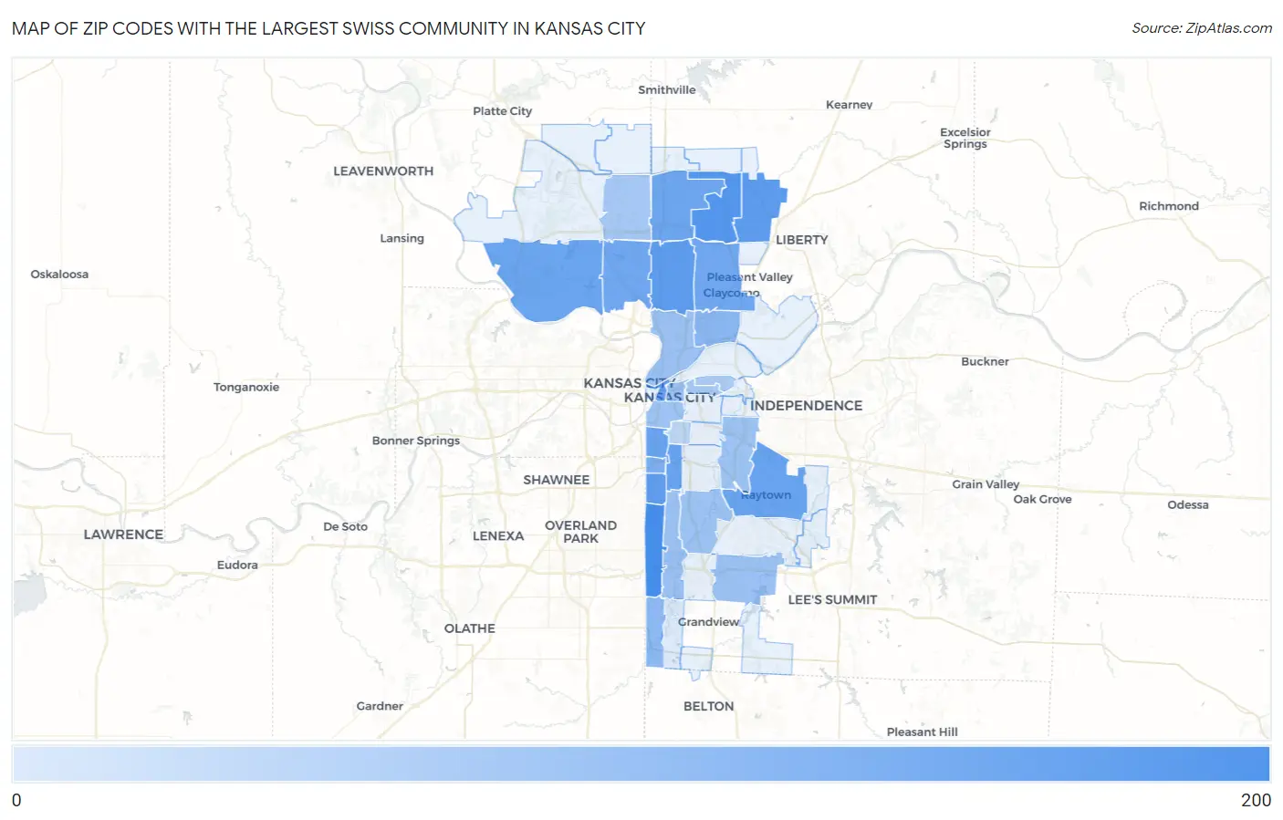 Zip Codes with the Largest Swiss Community in Kansas City Map