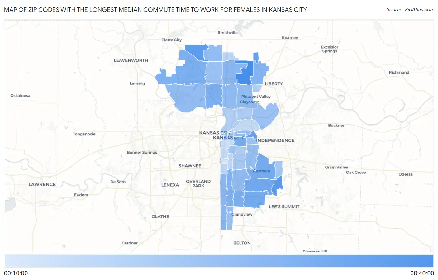 Zip Codes with the Longest Median Commute Time to Work for Females in Kansas City Map