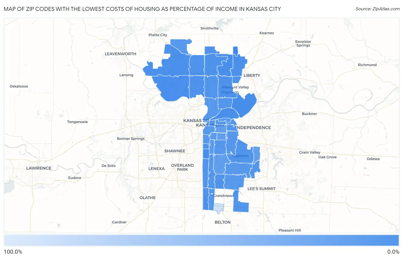 Zip Codes with the Lowest Costs of Housing as Percentage of Income in Kansas City Map