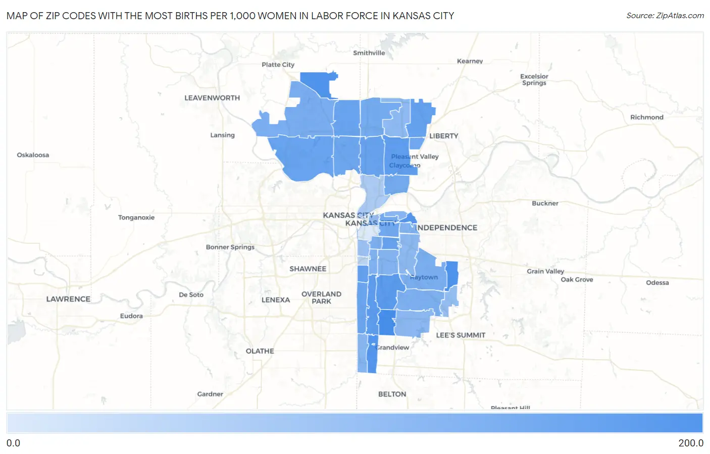 Zip Codes with the Most Births per 1,000 Women in Labor Force in Kansas City Map