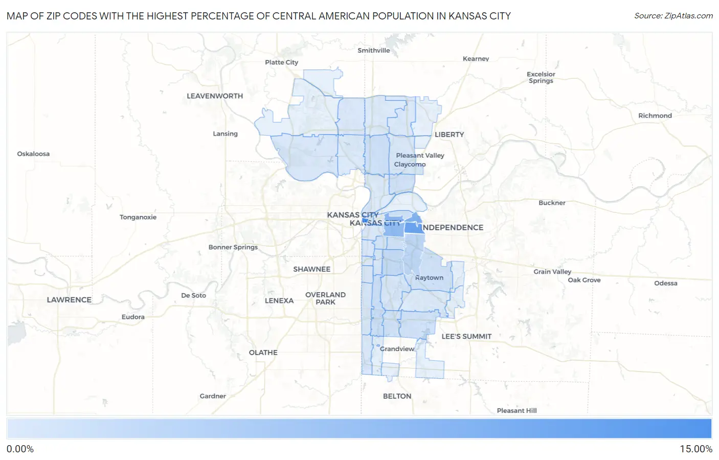 Zip Codes with the Highest Percentage of Central American Population in Kansas City Map