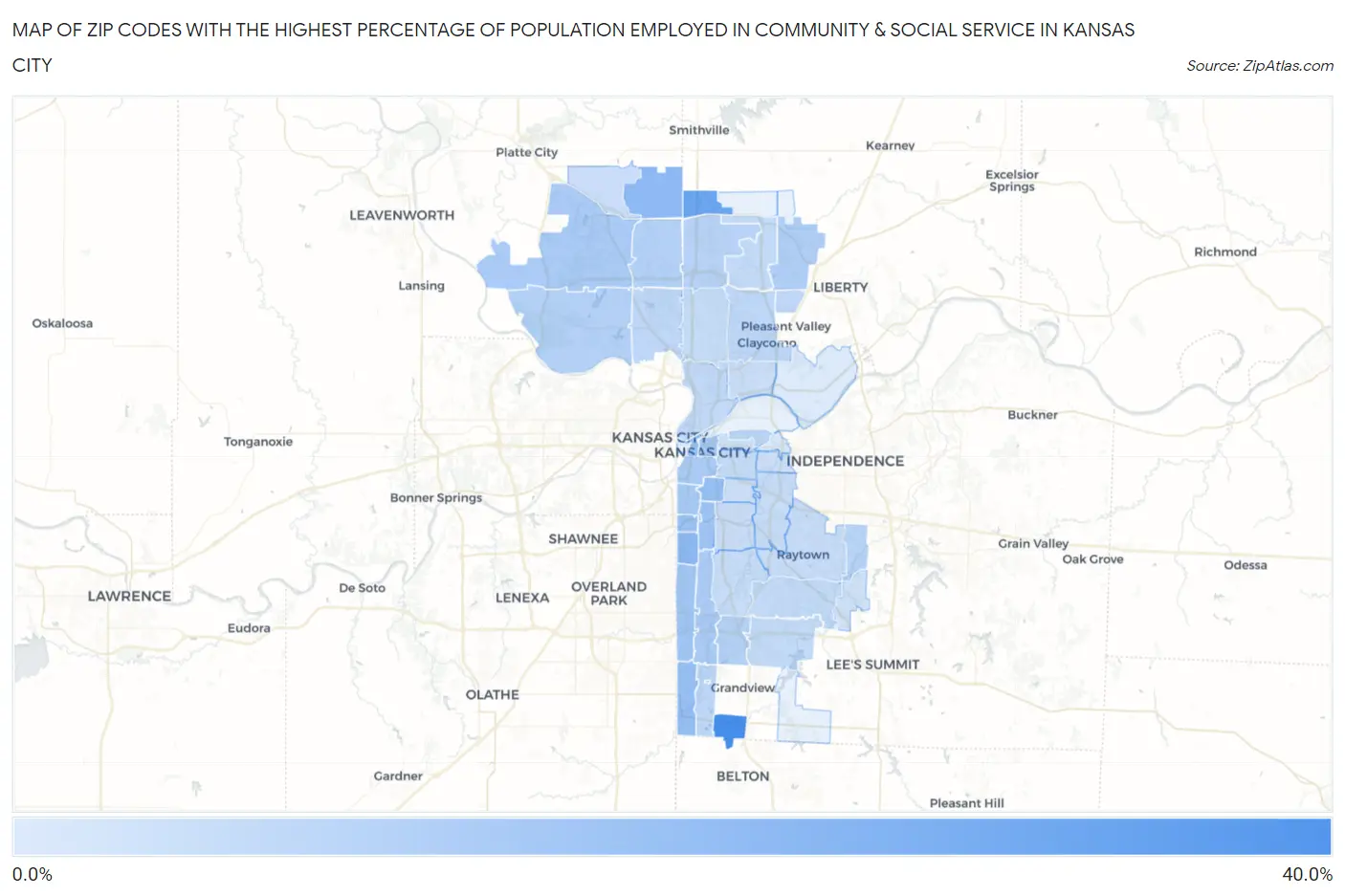 Zip Codes with the Highest Percentage of Population Employed in Community & Social Service  in Kansas City Map
