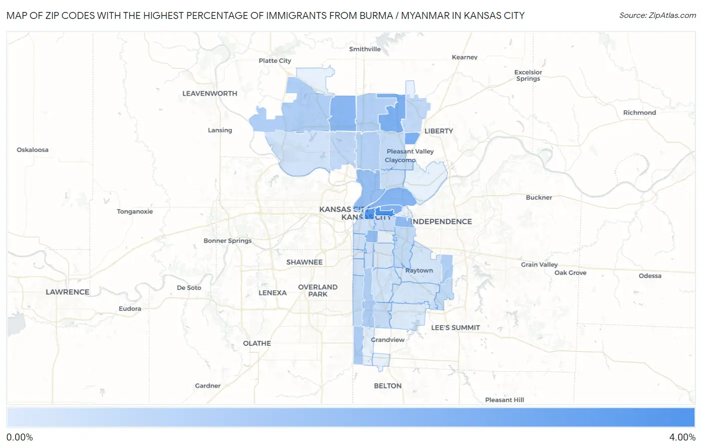Zip Codes with the Highest Percentage of Immigrants from Burma / Myanmar in Kansas City Map