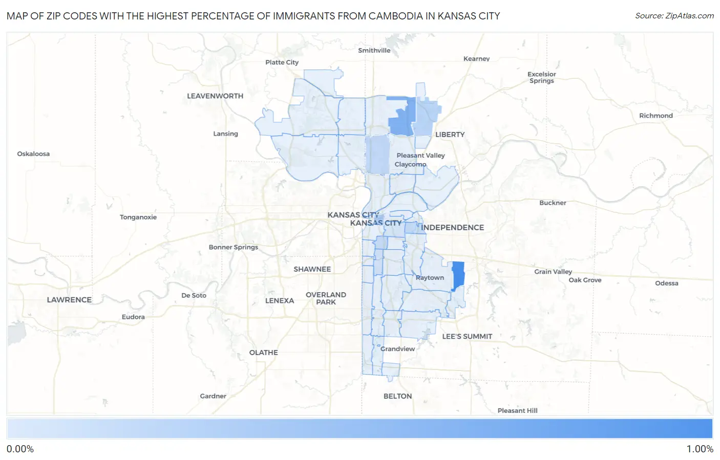 Zip Codes with the Highest Percentage of Immigrants from Cambodia in Kansas City Map
