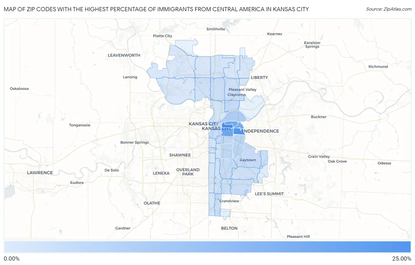 Zip Codes with the Highest Percentage of Immigrants from Central America in Kansas City Map