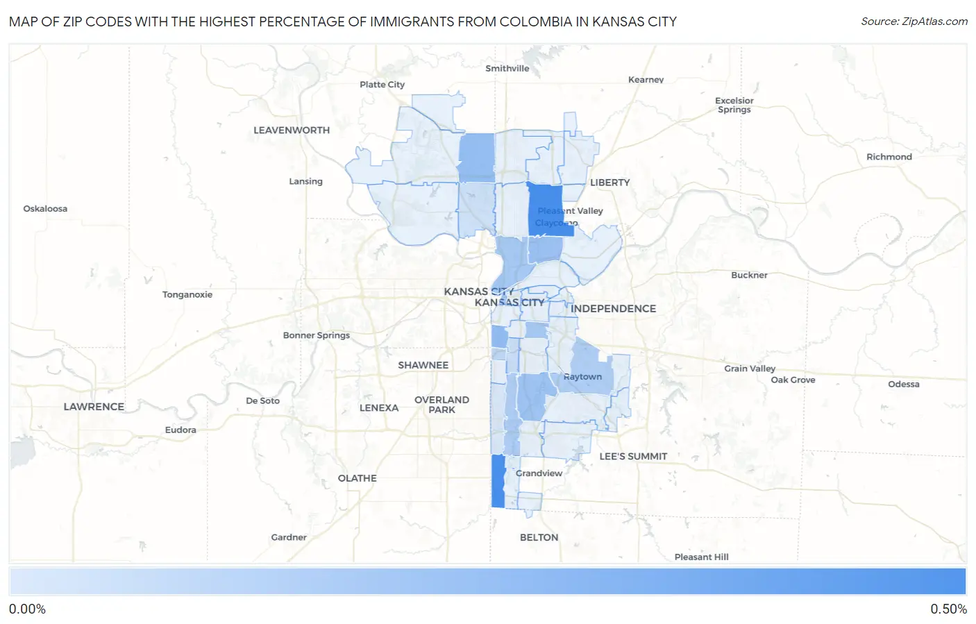 Zip Codes with the Highest Percentage of Immigrants from Colombia in Kansas City Map