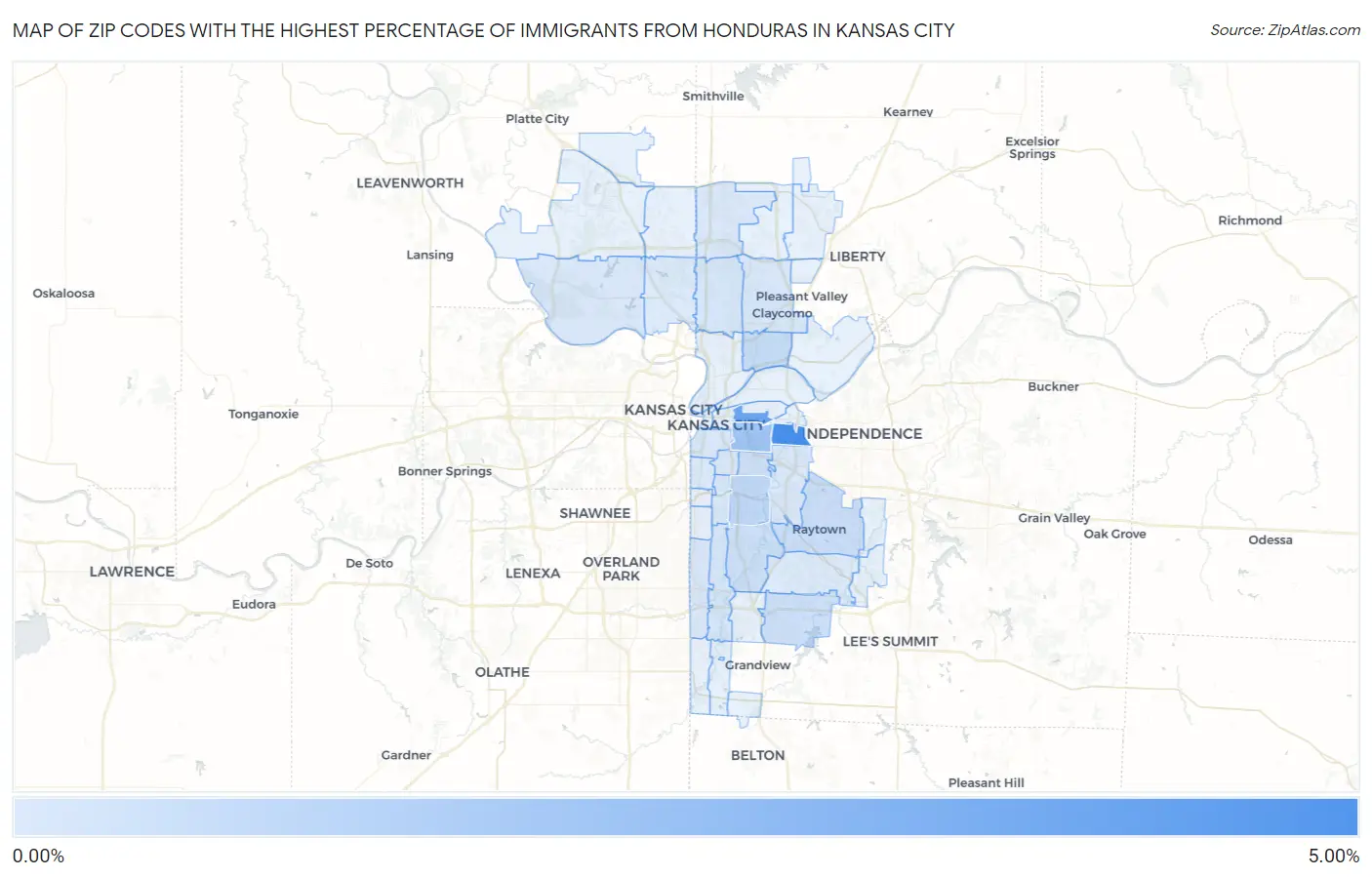 Zip Codes with the Highest Percentage of Immigrants from Honduras in Kansas City Map