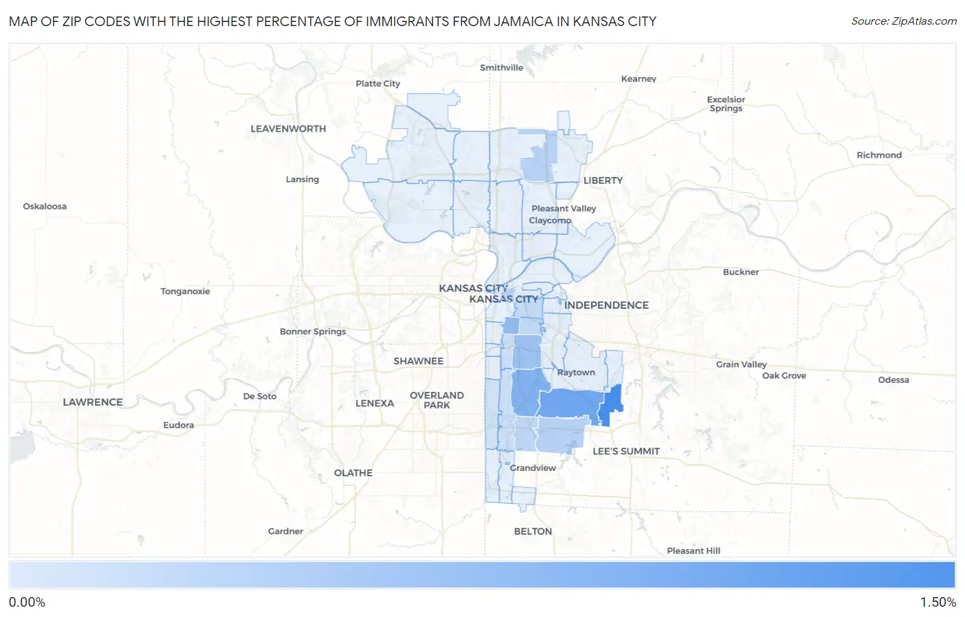 Zip Codes with the Highest Percentage of Immigrants from Jamaica in Kansas City Map