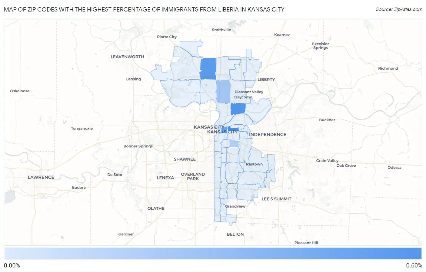Zip Codes with the Highest Percentage of Immigrants from Liberia in Kansas City Map