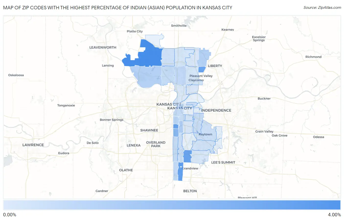 Zip Codes with the Highest Percentage of Indian (Asian) Population in Kansas City Map