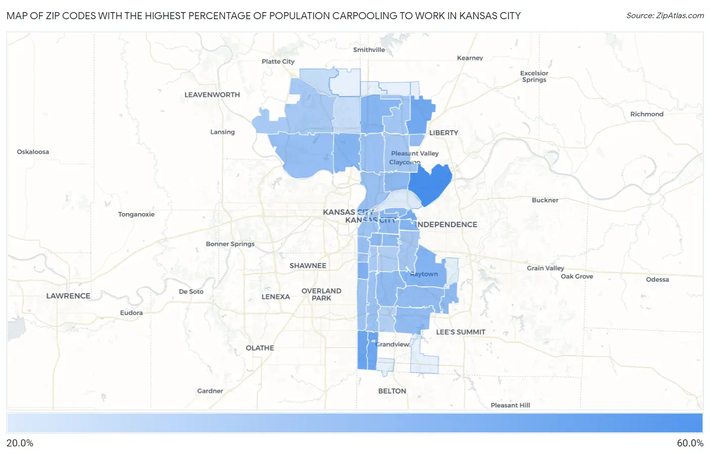 Zip Codes with the Highest Percentage of Population Carpooling to Work in Kansas City Map
