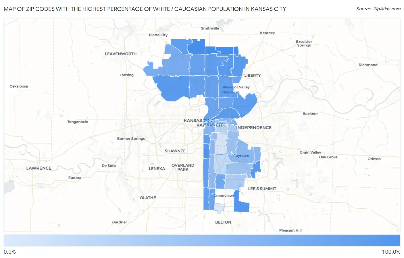 Zip Codes with the Highest Percentage of White / Caucasian Population in Kansas City Map