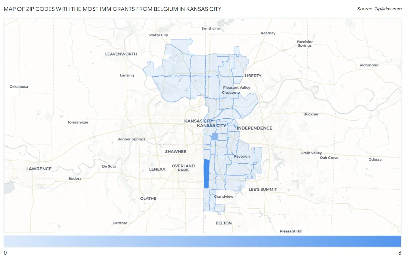 Zip Codes with the Most Immigrants from Belgium in Kansas City Map