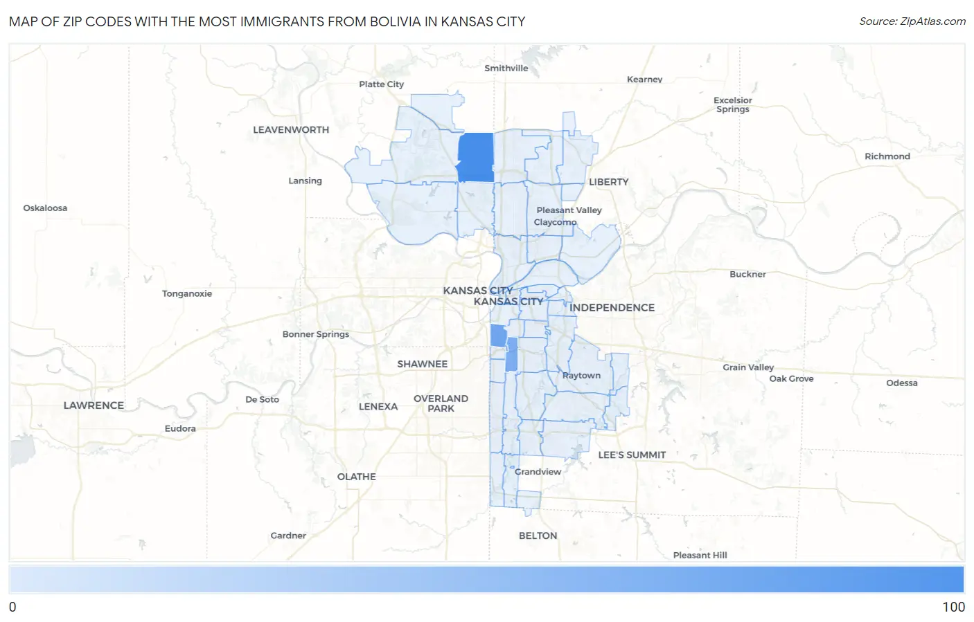 Zip Codes with the Most Immigrants from Bolivia in Kansas City Map