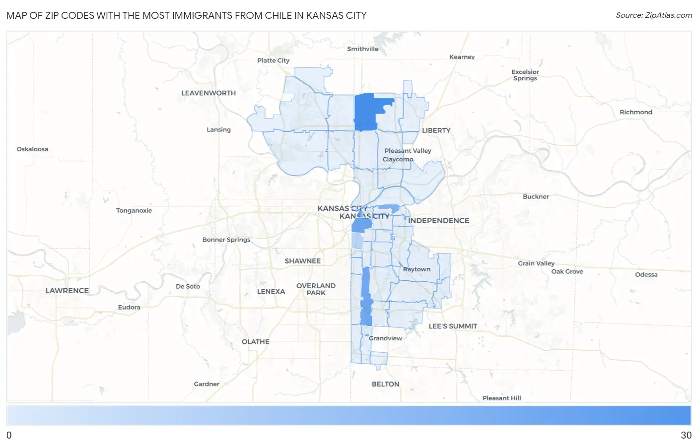 Zip Codes with the Most Immigrants from Chile in Kansas City Map