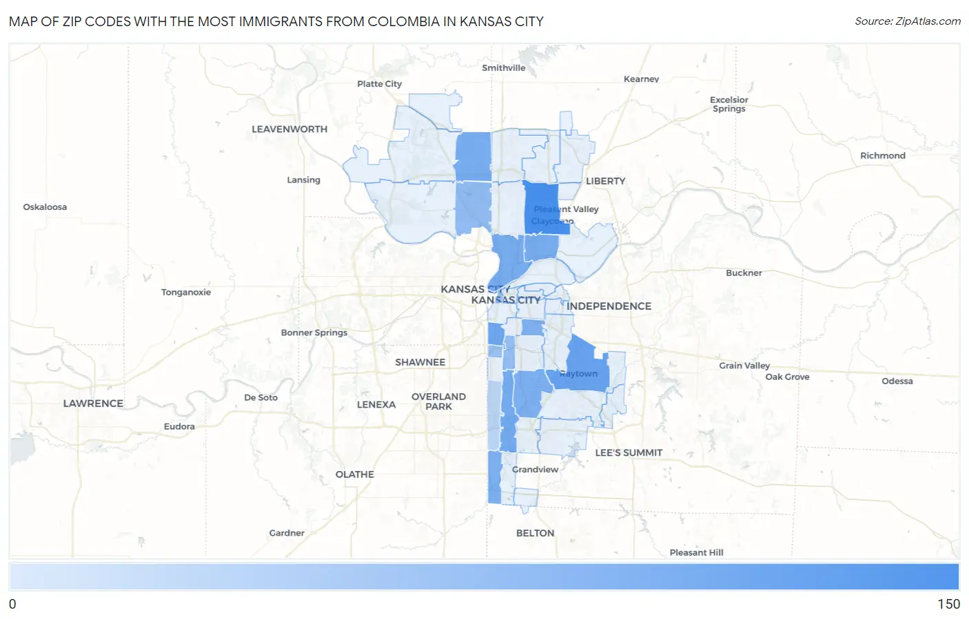 Zip Codes with the Most Immigrants from Colombia in Kansas City Map