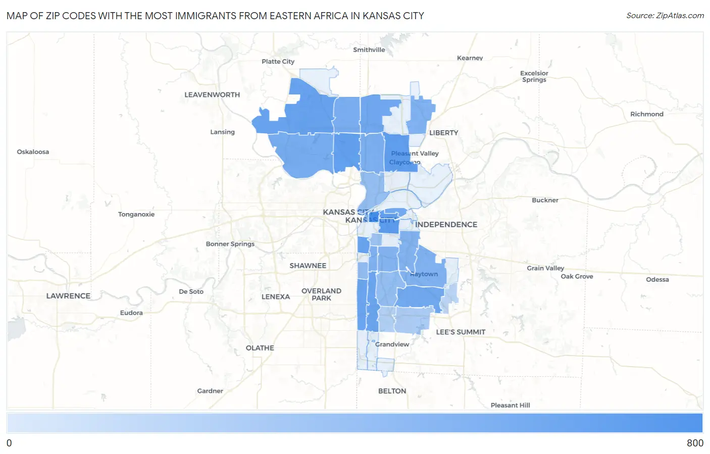 Zip Codes with the Most Immigrants from Eastern Africa in Kansas City Map